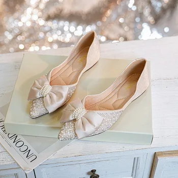 RYAMAG נשים שטוח נעליים 2023 סתיו חדשה פנינת יהלומים מלאכותיים קשת נעלי הצביע ראש רדוד הפה עדין נעליים lwomen של נעליים התמונה