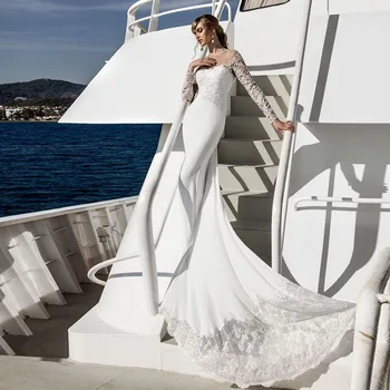 מותאמות אישית שנעשו חרוזים אפליקציות כפתורים למעלה שרוול ארוך בתולת ים סאטן חתונה עם שמלה לשלב חצאית סין חנות מקוונת Vestidos התמונה