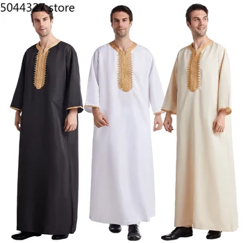 המוסלמים גברים Abaya לבן Jubba Thobe באיכות גבוהה שמלה ארוכה האסלאמית-ערבית גלימה החלוק Djellaba דובאי אתני בני נוער בגדים התמונה