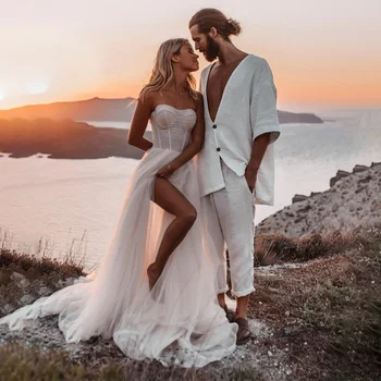 קליל ויפה קו החוף שמלת הכלה עם גולש SilhouetteThigh-חרך חוף שמלת החתונה התמונה