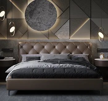 עור אמיתי מיטה פשוטה מודרנית העליון שכבת עור פרה באיכות גבוהה אור יוקרה חדר השינה מיטת קינג איטלקי מינימליסטי 2m x 2m התמונה