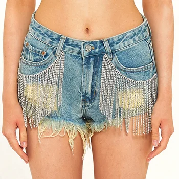 נשים סקסי מכנסי ג 'ינס קצרים Rhinestones ציצית ג' ינס קרועים קישט יהלום קצרים מכנסיים מועדון לילה תלבושות תואמות ברמודה התמונה