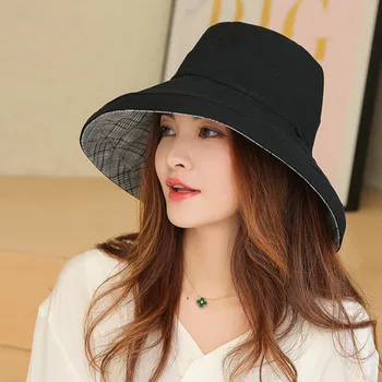 13cm שוליים רחבים, דלי כובע לנשים בחופשת הקיץ שני הצדדים ללבוש פשוטה סאן קאפ אישה באיכות גבוהה 100% כותנה דייג כובעים התמונה