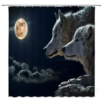 זאב ירח מלא וילון מקלחת זאבים אמבטיה עיצוב פוליאסטר עמיד למים התמונה