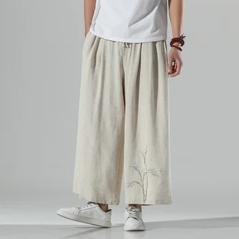 קיץ סגנון מזרחי רחב הרגל המכנסיים Mens מצעים בסגנון סיני במבוק רקמה יפנית ביגוד אתני לאומי מכנסיים KK4099 התמונה